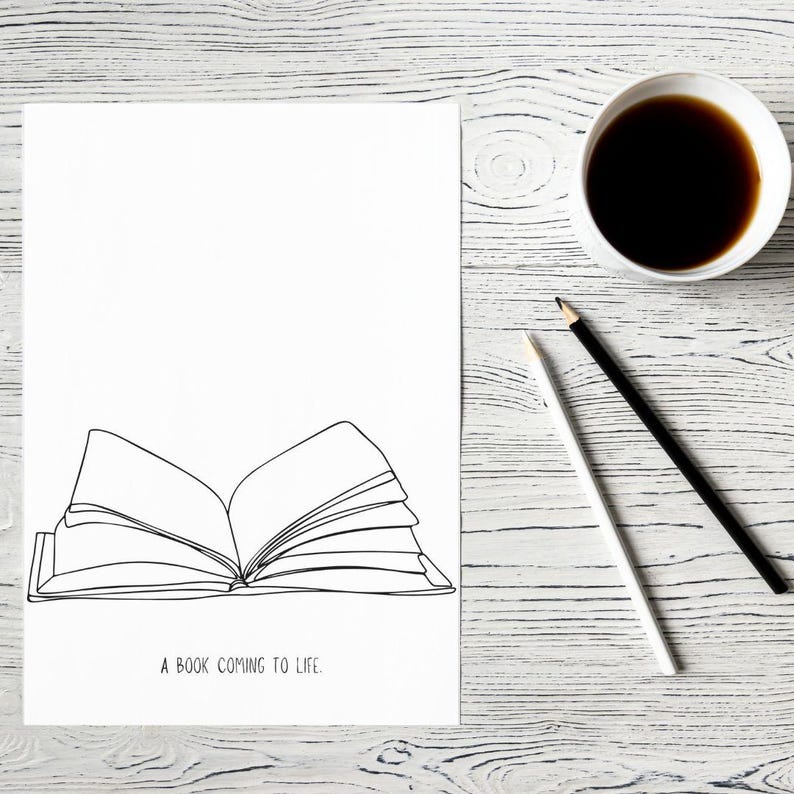 Op de afbeelding: Een zwart-witte lijntekening van een open boek met de tekst "A book coming to life." op een witte achtergrond.