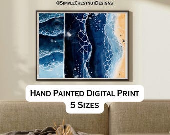Lámina abstracta de olas oceánicas en acuarela, arte mural costero (descarga digital)
