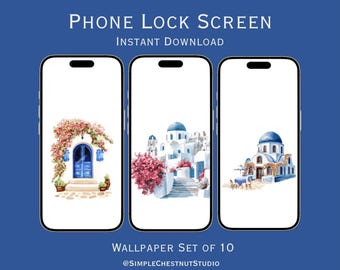 Paquete de fondos de pantalla para móvil de Santorini / Cúpulas azules, edificios encalados (descarga digital)