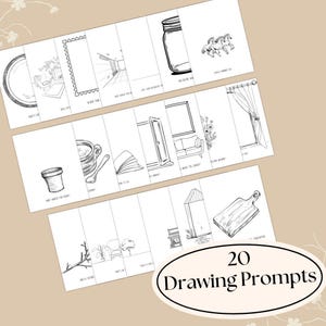 Op de afbeelding: Twintig zwart-witte tekenopdrachten op witte kaarten. De opdrachten bevatten afbeeldingen van een pot, een boek, een raam, een bank, een gordijn, een emmer, een lepel, een deur, een snijplank, een plant en een boom.
