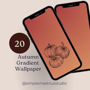 Puede incluir: Una maqueta de pantalla de teléfono digital con un fondo degradado en tonos naranja y rojo. La pantalla muestra un dibujo en blanco y negro de tres calabazas. El texto "20 Autumn Gradient Wallpaper" se muestra debajo de la imagen. El texto "@simplechestnutstudio" se muestra en la parte inferior de la pantalla.