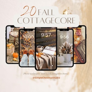 May include: A collection of five phone wallpapers with a fall cottagecore theme. The wallpapers feature images of pumpkins, autumn leaves, a book, a cup of coffee, and a bouquet of dried flowers. The time on each phone screen is set to a different time between 9:56 and 10:00. The text "20 FALL COTTAGECORE" is displayed at the top of the image. The text "Phone wallpapers with a fall, cottagecore theme" and "@SimpleChestnutStudio" are displayed at the bottom of the image.