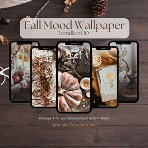 Op de afbeelding: Een verzameling van tien telefoonachtergronden met een herfstthema. De schermen tonen afbeeldingen van pompoenen, kaarsen en bloemstukken. De tekst "Fall Mood Wallpaper" en "bundle of 10" staan bovenaan. De tekst onderaan luidt "Wallpapers for your phone with an Autumn Mood".