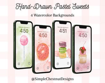 Fondo de pantalla para teléfono con dulces pastel dibujados a mano/Fondo de postre de acuarela/Lindo paquete de pantalla de bloqueo digital para iPhone/Fondo de pantalla para teléfono inteligente
