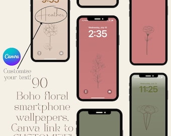 Fondo de pantalla floral bohemio para teléfono, texto personalizable, verde, rosa, beige (descarga digital)
