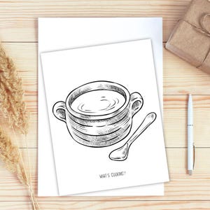 Op de afbeelding: Een zwart-witte lijntekening van een kom soep met een lepel. De tekst "What's Cooking?" staat onder de kom.