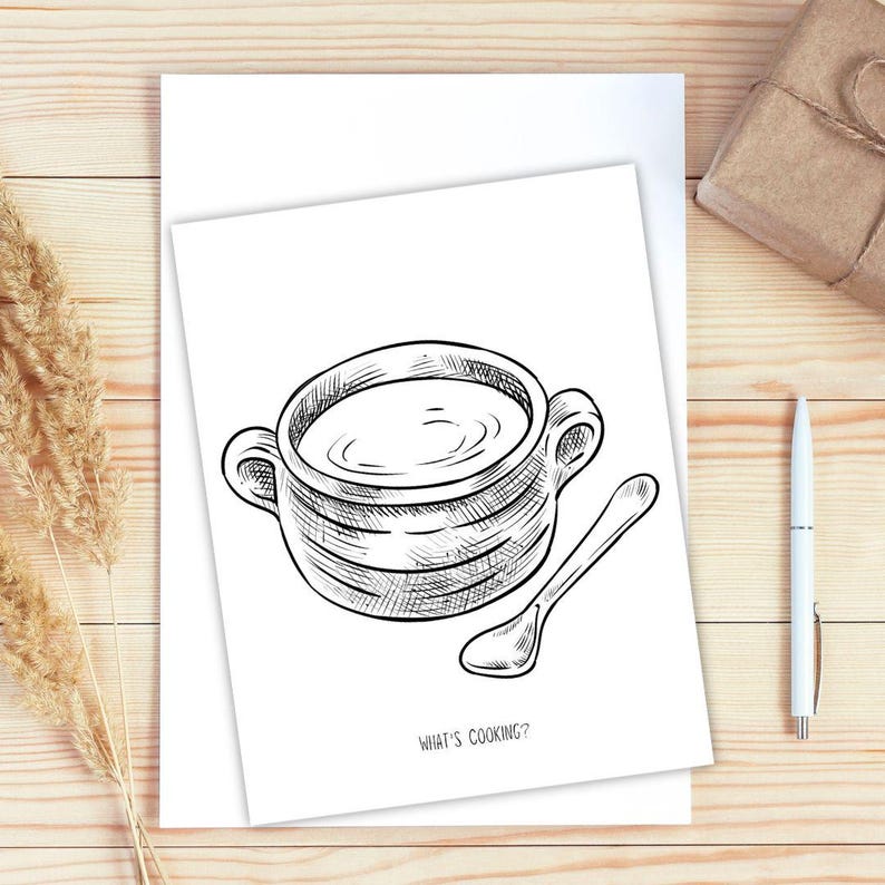 Op de afbeelding: Een zwart-witte lijntekening van een kom soep met een lepel. De tekst "What's Cooking?" staat onder de kom.