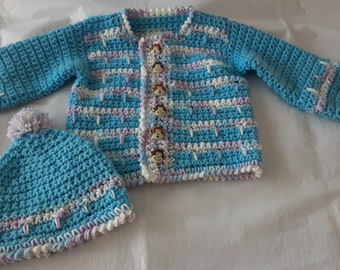 Baby boy set.Hand crocheted cardigan and hat.6-9 month old set.New born gift.Baby Shower.Fantasy stitch cardigan and hat.Hand made in USA.