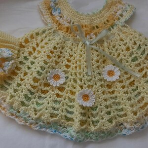Crocheted Baby Dress and Headband Set: Yellow Daisy Applique, 6-9 Months
