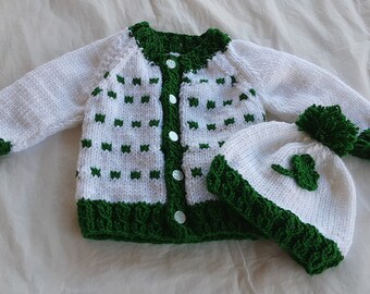 Unisex Saint Patrick baby cardigan and hat.Hand knitted.Red Heart.6/9 month old.Cable stitch detail.Saint Patrick baby set.White/green set.