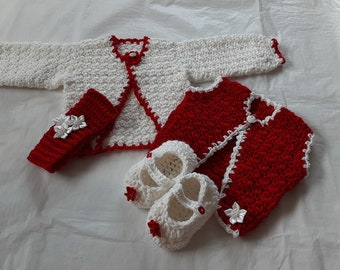Xmas baby girl set.Cardigan,shoes,vest and headband.Xmas baby girl gift.White and red color set.Xmas Eve and Xmas day baby girl clothes.