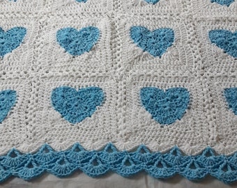 Crib hand made crocheted  blanket.Baby Shower gift.Crocheted lap blanket. White with blue hearts afgahan.New born gift.Baby boy gift.