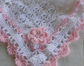 Hand crochet baby girl blanket.Baby shower gift.New born gift.White/pink color baby blanket.Pound of Love material.