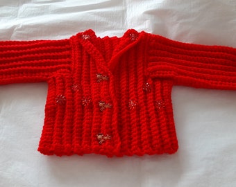 Xmas baby girl cardigan.Red color.Hand crocheted.3/6 month old.Baby girl cardigan.Red Heart.Fantasy stitch cardigan.Seasonal cardigan.