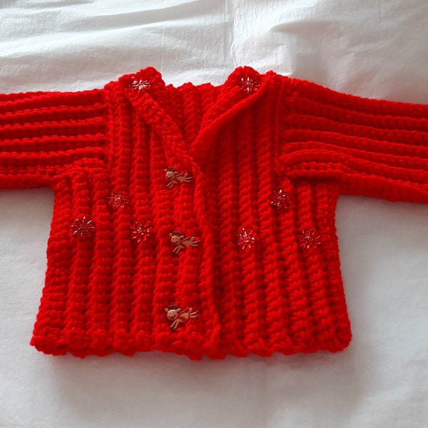Xmas baby girl cardigan.Red color.Hand crocheted.3/6 month old.Baby girl cardigan.Red Heart.Fantasy stitch cardigan.Seasonal cardigan.