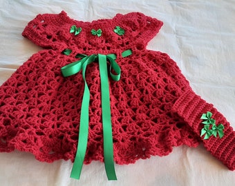 Xmas hand crocheted baby dress and headband.Baby headband.3/6 month old set.Baby girl set.Baby Shower gift.Baby girl Xmas dress.Seasonal set