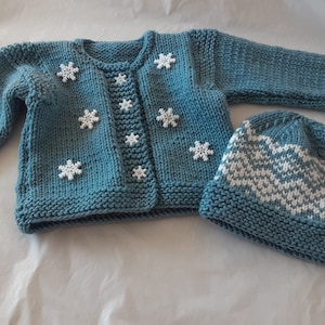 Baby Cardigan and Hat Set: Blue Knit with Snowflakes (3-6 Months)