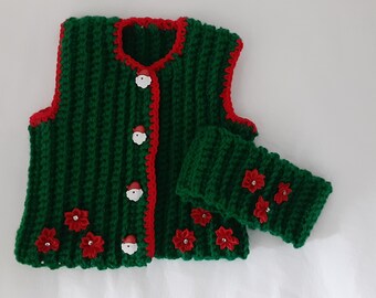 Xmas baby girl vest and headband.Hand crocheted.3/6 month old baby girl vest.Red Heart Paddy green.Fantasy stitch vest.Seasonal vest.