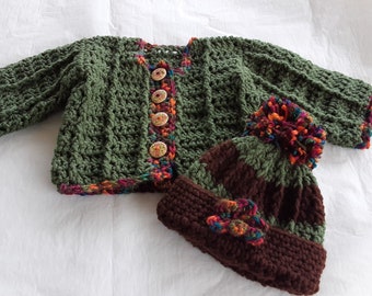Baby girl cardigan.Green, brown and variegated color.Hand crocheted.0/3 month old.Baby girl set.Red Heart.Fantasy stitch cardigan and hat.