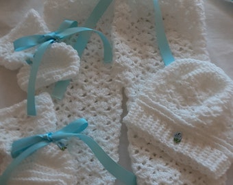 Christening or Baptism hand crocheted baby boy set.White color.6/9 month old.Baby Shower gift.Cardigan, pant, booties and hat