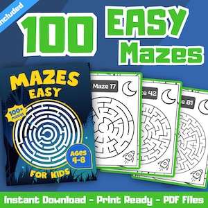 May include: A collection of children's maze puzzles. The cover of the book reads "MAZES EASY FOR KIDS" with "100+ puzzles" and "Ages 4-8". Three individual maze cards are also visible. The text "100 EASY Mazes" is at the top.