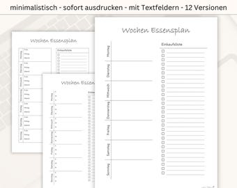 Wochen Essensplan - 12 versies - pdf - minimalistischer Wochenplaner Essen - inkl. Versionen mit Textfeldern - deutsch