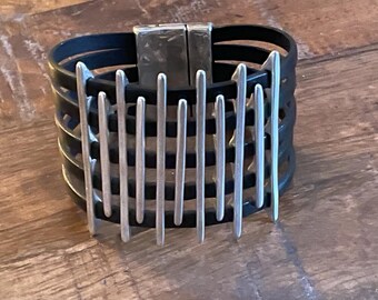 Black leather & Silver Spiked Weaved Cuff Bracelet