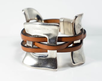 Silver Three Piece Cuff Leather Bracelet