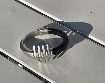 Silver 10mm Half Cuff & Leather Bracelet