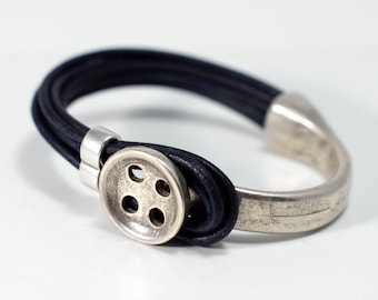 Silver & Black Button Half Cuff Bracelet