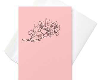 Cherry Blossom Greeting Card: Pink Background, Floral Design