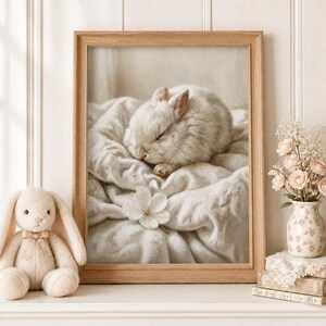 Puede incluir: Una lámina de arte enmarcada que muestra a un conejo blanco y esponjoso durmiendo sobre una tela suave y drapeada con una flor blanca. Junto al marco hay un conejo de peluche y un jarrón de cerámica con flores blancas sobre libros apilados.