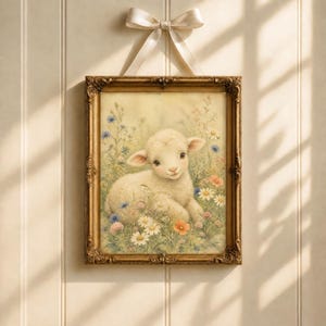 Puede incluir: Una pieza de arte mural rectangular que muestra un cordero blanco y esponjoso descansando en un campo de flores silvestres coloridas. La obra está enmarcada en un marco dorado ornamentado de estilo antiguo y colgada de un lazo de satén crema.