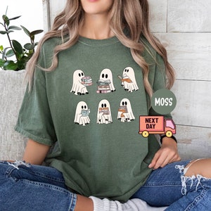 Comfort Colors® Cute Ghost Reading Book Halloween Tshirt, Ghost Reading Book Girly Shirt, Ghost Girly Halloween Gift, Trendy Halloween Gift
