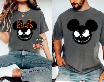 Camiseta de Halloween de Disney Comfort Colors®, camiseta de Mickey y Minnie, camiseta de Jack y Sally, camiseta de temporada espeluznante, camiseta de calabaza, regalo de Halloween de Disney
