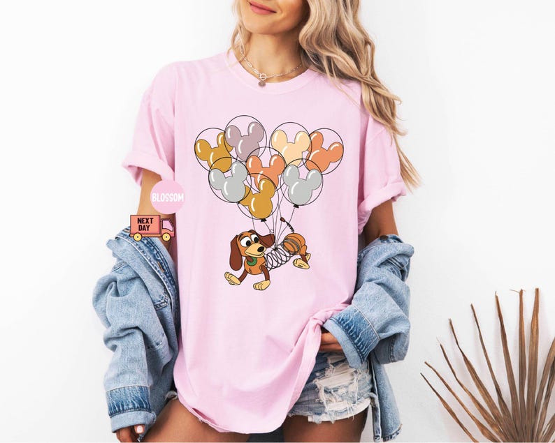 May include: A pink t-shirt with a cartoon image of a dog holding onto a bunch of colorful balloons shaped like Mickey Mouse ears. The dog is wearing a brown vest and has a spring attached to its body.