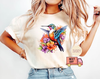 Comfort Color Floral Hummingbird Shirt, Animal Lover Tee, Bird T Shirts, Trendy Tee, Gift For Her, Bird Lover T-Shirt, Flowers Spring Birds