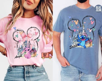 Comfort Colors® shirt Mickey Ear Stitch en Minnie Bow Angel Couple, Disney Stitch Ear Boy-shirt, T-shirt Minnie Bow Angel Girl, Disney Trip-T-shirt