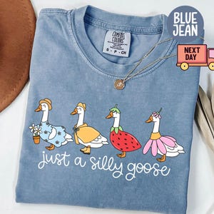 Peut inclure: T-shirt bleu jean avec un col rond. Le t-shirt pr&eacute;sente une illustration fantaisiste de quatre oies v&ecirc;tues de diff&eacute;rentes tenues, avec le texte "just a silly goose" en &eacute;criture cursive. Un collier en or est drap&eacute; sur le t-shirt.