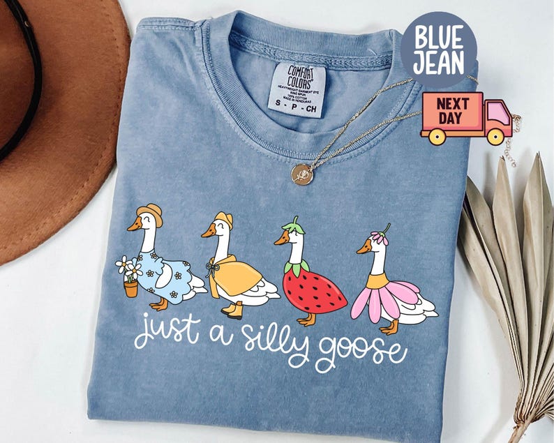 Peut inclure: T-shirt bleu jean avec un col rond. Le t-shirt pr&eacute;sente une illustration fantaisiste de quatre oies v&ecirc;tues de diff&eacute;rentes tenues, avec le texte "just a silly goose" en &eacute;criture cursive. Un collier en or est drap&eacute; sur le t-shirt.