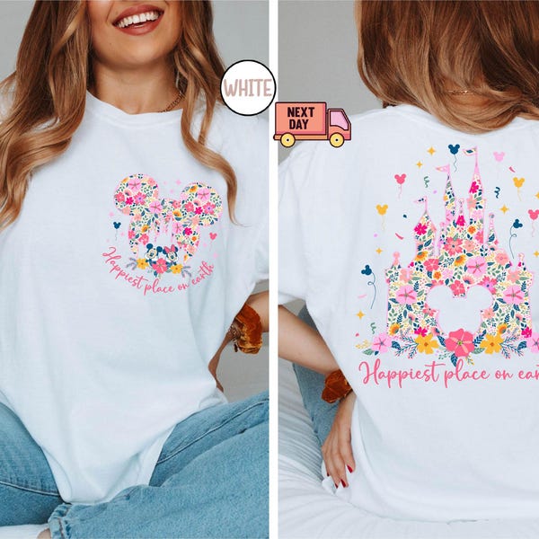 Camiseta Comfort Colors® "El lugar más feliz del mundo", "Reino Mágico", "Castillo de Disney", "Mickey Mouse" y "Viaje a Disney World".