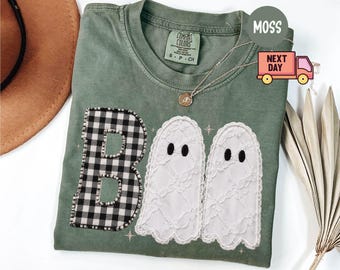 Comfort Colors® Faux Patchwork Boo Shirt, Checkered Halloween Ghost Shirt, Cute Spooky Season Tee, Retro Fall Ghost Crewneck, Halloween Gift