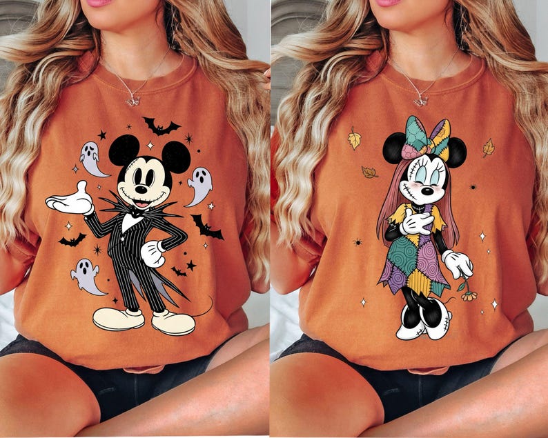 May include: Two orange t-shirts featuring Halloween-themed cartoon characters. One shirt displays Mickey Mouse as Jack Skellington, surrounded by bats and ghosts. The other shows Minnie Mouse in a patchwork dress with autumn leaves.
