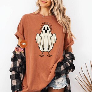 May include: Rust-colored t-shirt featuring a cartoon ghost with the text "Just a Spooky Goose". The ghost is white with black eyes and is standing on two orange feet. The shirt has short sleeves.