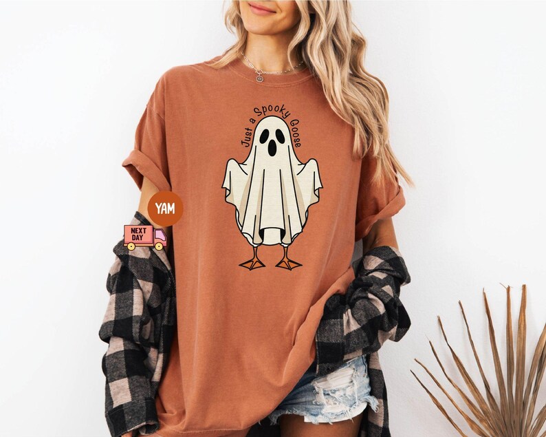 May include: Rust-colored t-shirt featuring a cartoon ghost with the text "Just a Spooky Goose". The ghost is white with black eyes and is standing on two orange feet. The shirt has short sleeves.