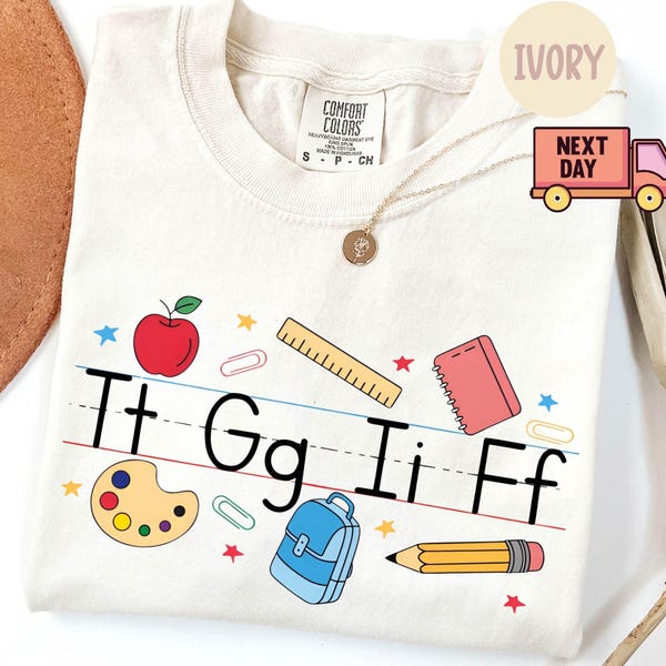 Chemise enseignante Comfort Colors® TGIF, chemise enseignante alphabet, chemise enseignante de maternelle, cadeau de Noël pour enseignant, cadeau de remerciement pour enseignant