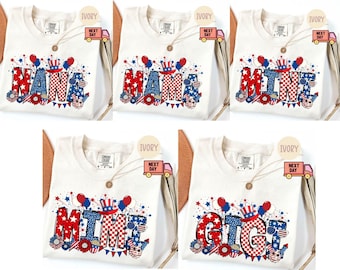 Comfort Colors® Personalisiertes 4. Juli Familien-T-Shirt, Gigi-Shirt, Bunt-weißes Nana-T-Shirt, 4. Juli Mama, Mimi-T-Stück, Geschenk für Frau, amerikanische Mutter