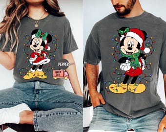 Comfort Colors® Mickey and Minnie Mouse Disney Couples Christmas Lights T-Shirt,Mickey's Very Merry Xmas Party Shirt,Disneyland Holiday Gift