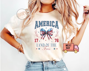 Coquette 4th of July Shirt, USA Shirt, Summer Shirt, Red White and Blue, America, Comfort Colors® Womens Fourth of July, Patriotic, 1776 Bow