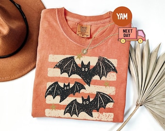 Comfort Colors® Halloween Bats Striped T‑Shirt, Spooky Seasonal Shirt, Bat Graphic Tee, Trick or Treat Shirt, Fall Season Tee